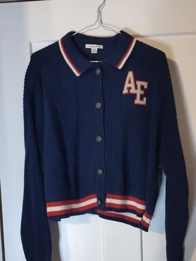 American Eagle Outfitters Navy Varsity Cardigan with Red & White Trim
